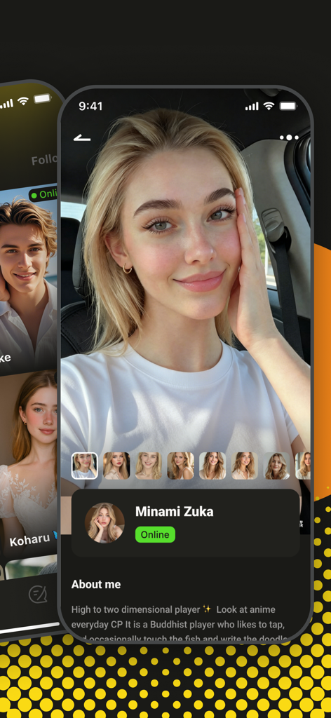Kumi:Discover, Share, Connect - A user profile interface on the Kumi app displaying a photo of a woman named Minami Zuka with an online status indicator and bio.