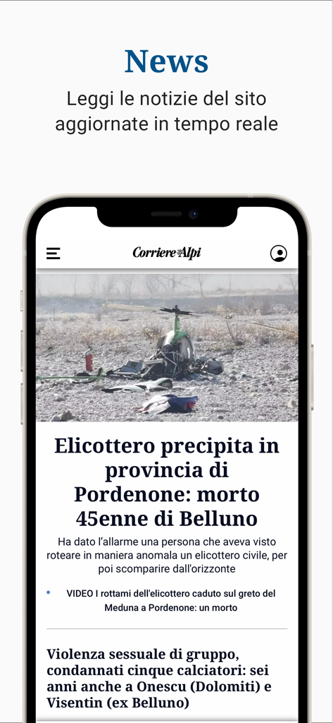 Un smartphone mostrando la aplicación Corriere delle Alpi con titulares de noticias locales y una imagen de un accidente de helicóptero