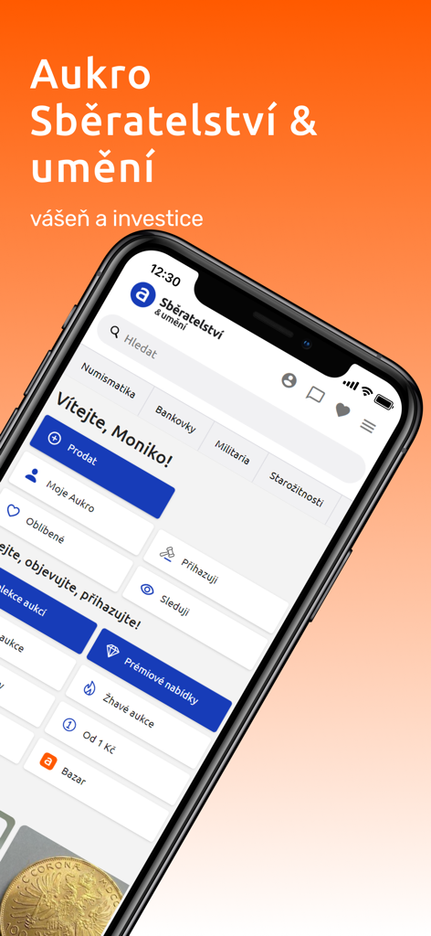 Écran de l'application Aukro pour les enchères d'objets de collection et d'art présentant la numismatique et les antiquités.