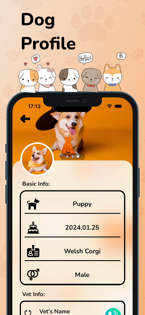 Dog bark translator sound walk - A mobile app screenshot showing a dog profile for a male Welsh Corgi with its birthday and breed details