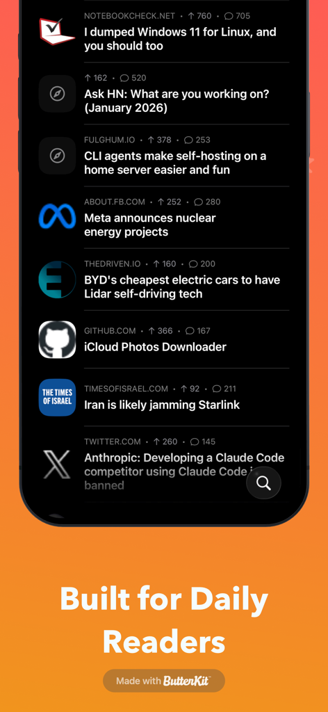 Hackers for Hacker News - Capture d'écran du flux principal de l'application Hackers for Hacker News en mode sombre affichant des articles d'actualité techniques et des décomptes de votes.