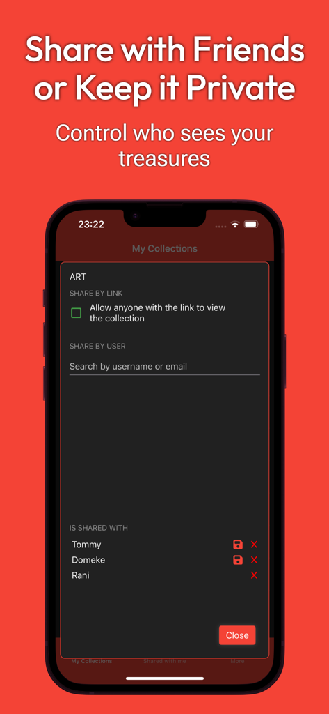 My Collections: Collect & Show - Sharing and privacy settings screen in the My Collections app showing options to share an art collection by link or specific user