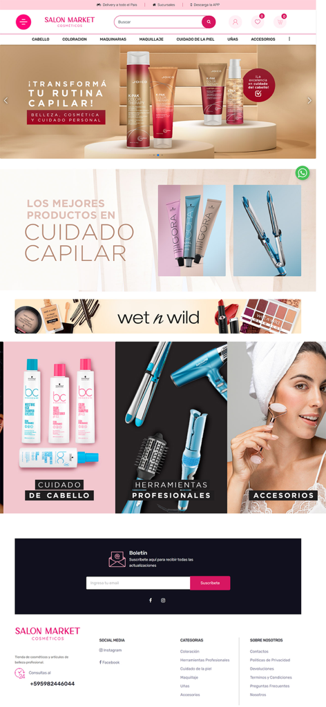 Salon Market - Homepage der Salon Market Website mit professionellen Haarpflegeprodukten, Styling-Werkzeugen und Beauty-Accessoires auf Spanisch