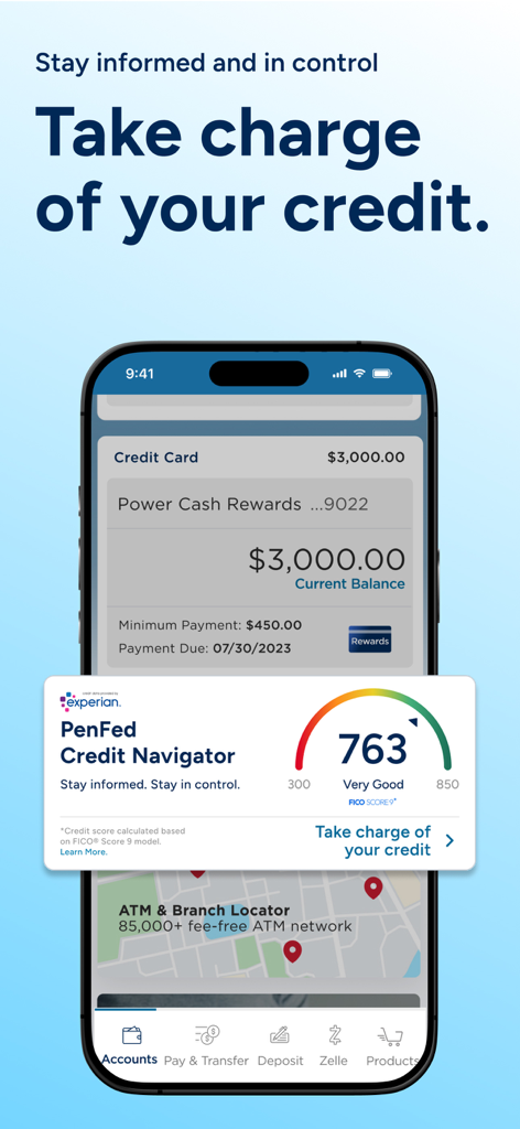 PenFed Mobile - Application PenFed Mobile montrant le navigateur de crédit avec le score FICO et le solde de la carte de crédit