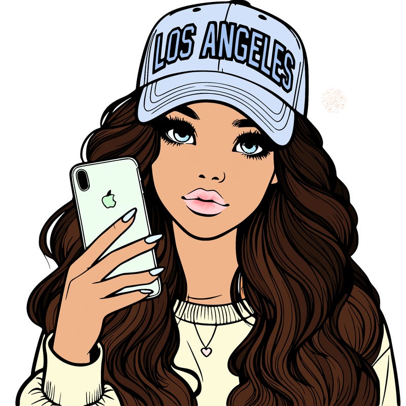 realistic beautiful girl wearing los ángeles cap holding an iphone