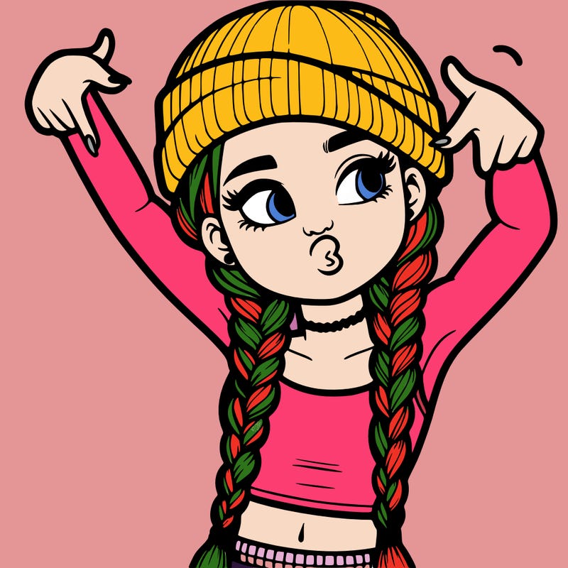 realistic teenage girl with braids and a beanie and crop top doing 🫶🏼
