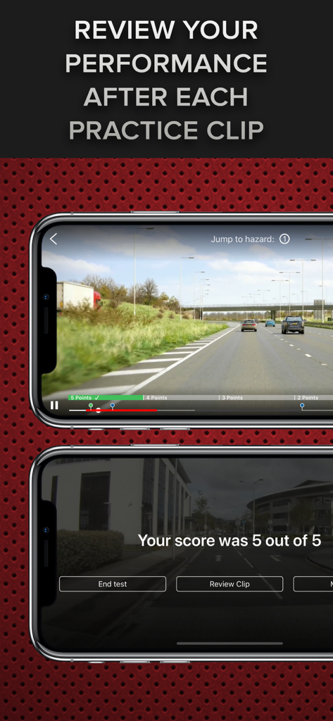 Interface que mostra um clipe de vídeo para prática de perigos e um ecrã de resumo de desempenho com uma pontuação de 5 em 5.