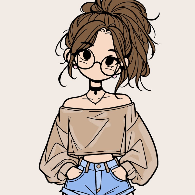 girl with a messy ponytail glasses a baggy crop top and jean shorts