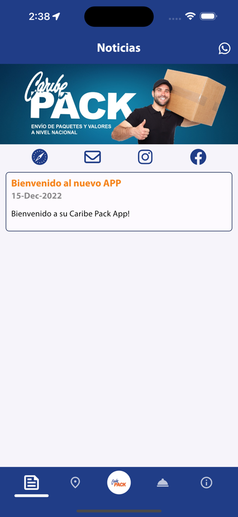 Aplicación móvil Caribe Pack mostrando la sección de noticias con un banner de entrega y mensaje de bienvenida