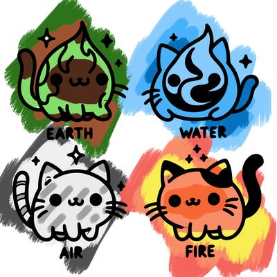 4 cats that represent the different elements, earth, water, air, and fire