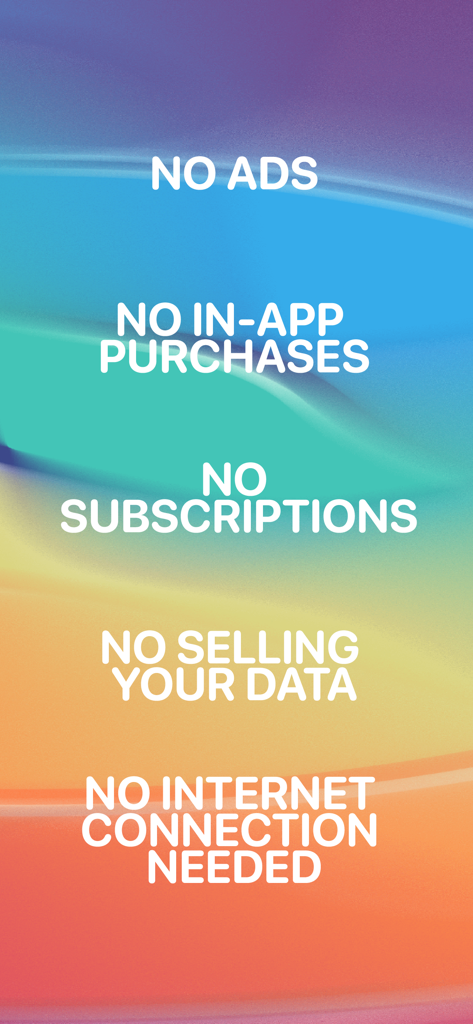 List of RoboSpeech features including no ads, no subscriptions, no data selling, and offline mode on a colorful gradient background.