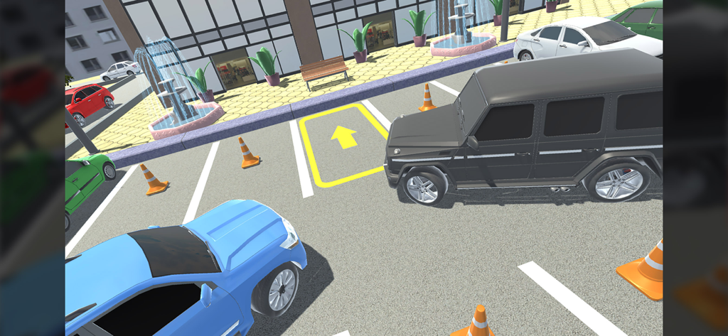 Luxury Parking - SUV de lujo negro navegando por un estacionamiento con conos naranjas en un juego de simulación