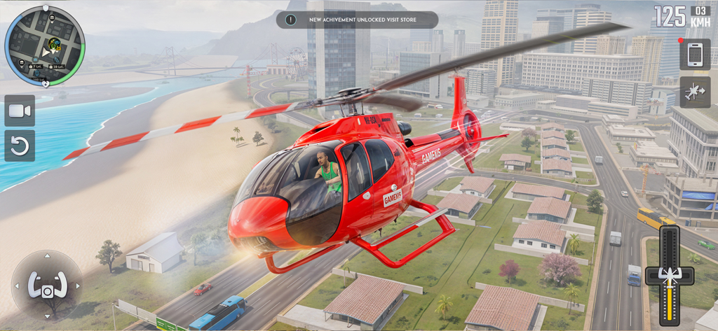 Street Rebel: Open World Game - A red helicopter flying over a coastal city in the Street Rebel open world game