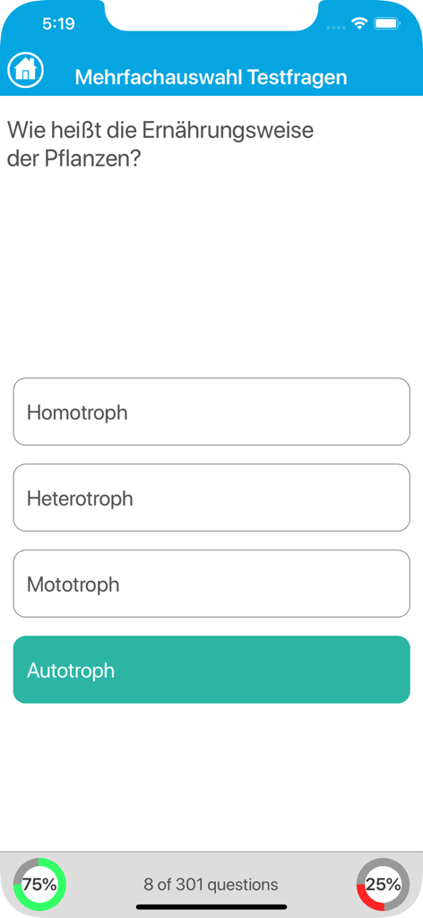 Das Biologie Quiz - Multiple-Choice-Fragebildschirm der mobilen Anwendung Das Biologie Quiz, der eine biologische Frage zur Pflanzenernährung zeigt.