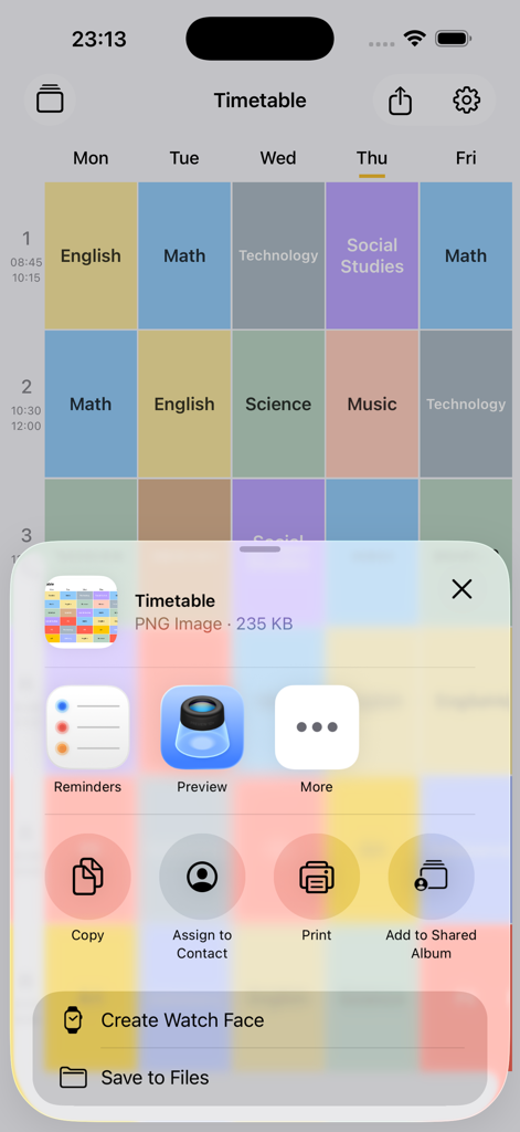 Sharing a color coded school schedule as an image from the Timetable app