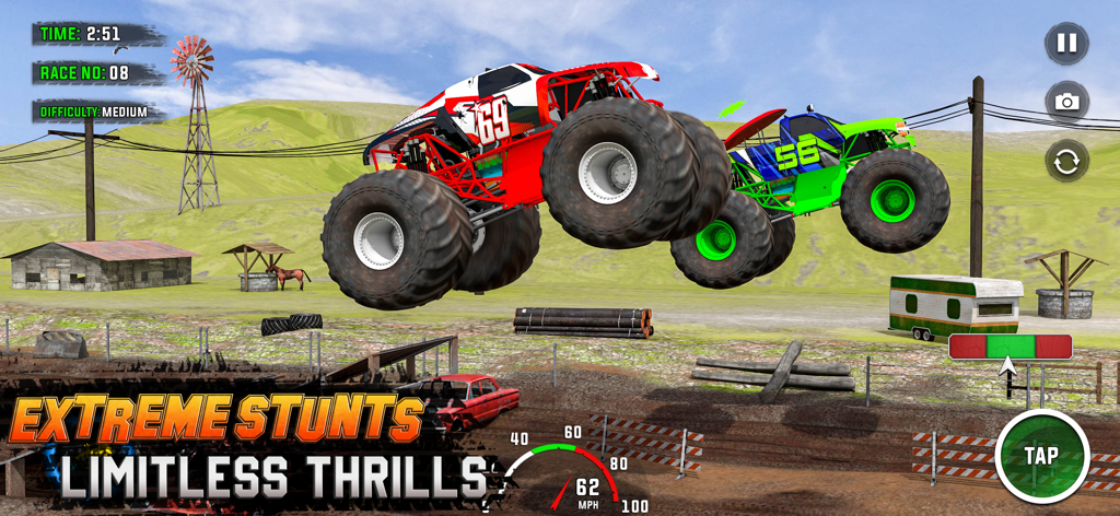 Monster Truck: Drag Race Clash - Dos monster trucks saltando en el aire sobre una pista de carreras rural con elementos de interfaz de juego