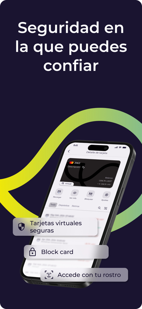 Tela do aplicativo B2pay exibindo gerenciamento de cartão virtual e opções de segurança, incluindo login com reconhecimento facial
