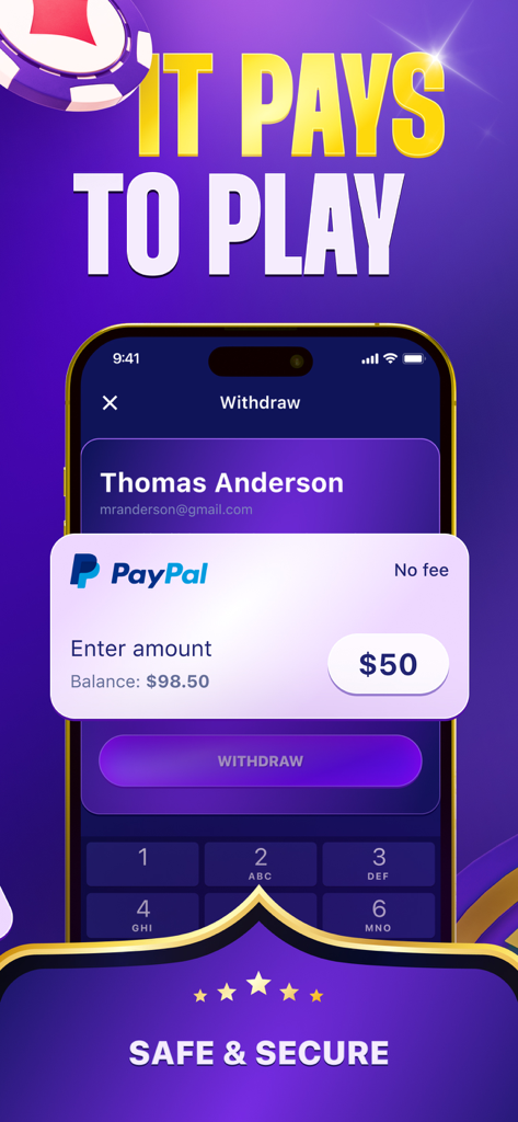 PayPalアカウントへの安全な50ドルの出金を示すカジノVIPアプリのスクリーンショット。