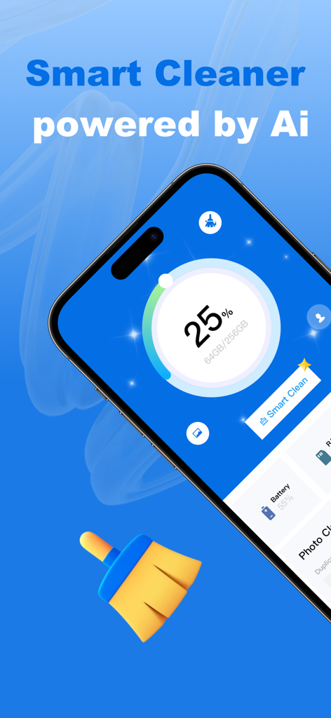 AI Cleaner app interface showing phone storage percentage and a smart clean button powered by AI.