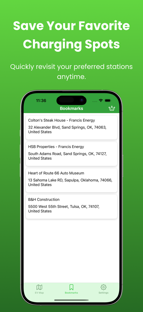 Charge Point for Tesla - A list of saved electric vehicle charging stations on the Bookmarks screen of the app.