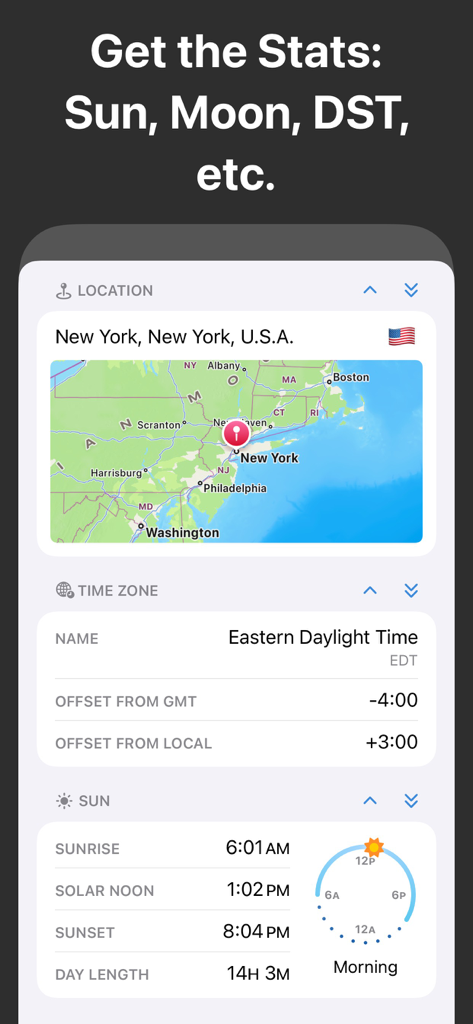 Screenshot of World Clock app showing New York location map, time zone details, and sun statistics like sunrise and sunset.