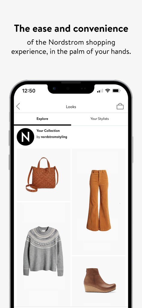 Nordstrom app interface showing curated fashion looks with clothing and accessories