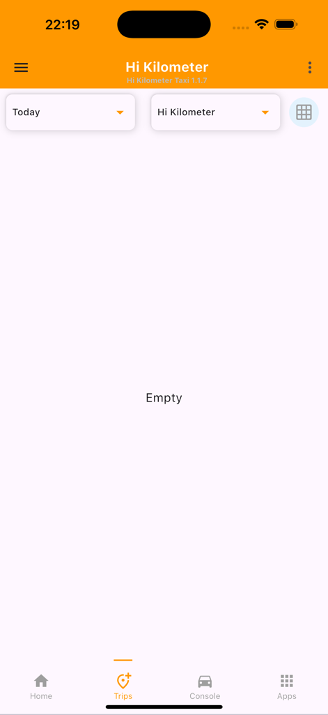 Hi Kilo Taxi - Captura de tela do aplicativo Hi Kilo Taxi mostrando uma tela de histórico de viagens vazia com opções de filtro para hoje.