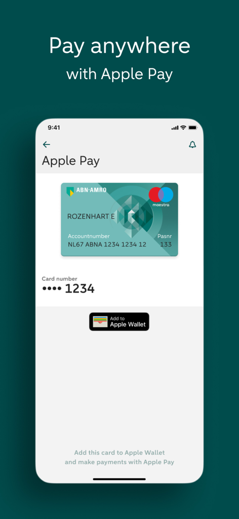 Tela do aplicativo móvel ABN AMRO para adicionar um cartão de débito à Carteira Apple