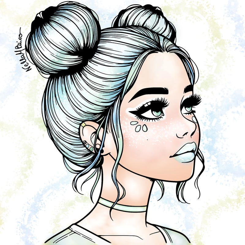 realistic girl with buns on the top of her head