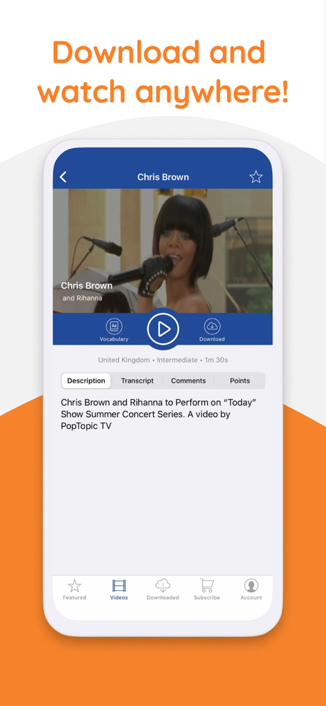 Yabla English - Interfaz de la aplicación Yabla English que muestra un video musical auténtico con una opción para descargar para aprendizaje sin conexión.