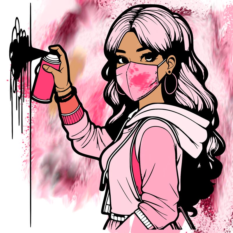 realistic girl with mask spray painting a wall