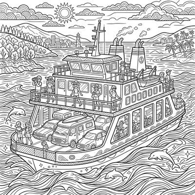 Get ready for a vibrant summer adventure with this intricate ferry coloring page, perfectly designed for teens. Featuring a bustling boat, passengers, and playful dolphins, it's an ideal way to celebrate the sunny season.