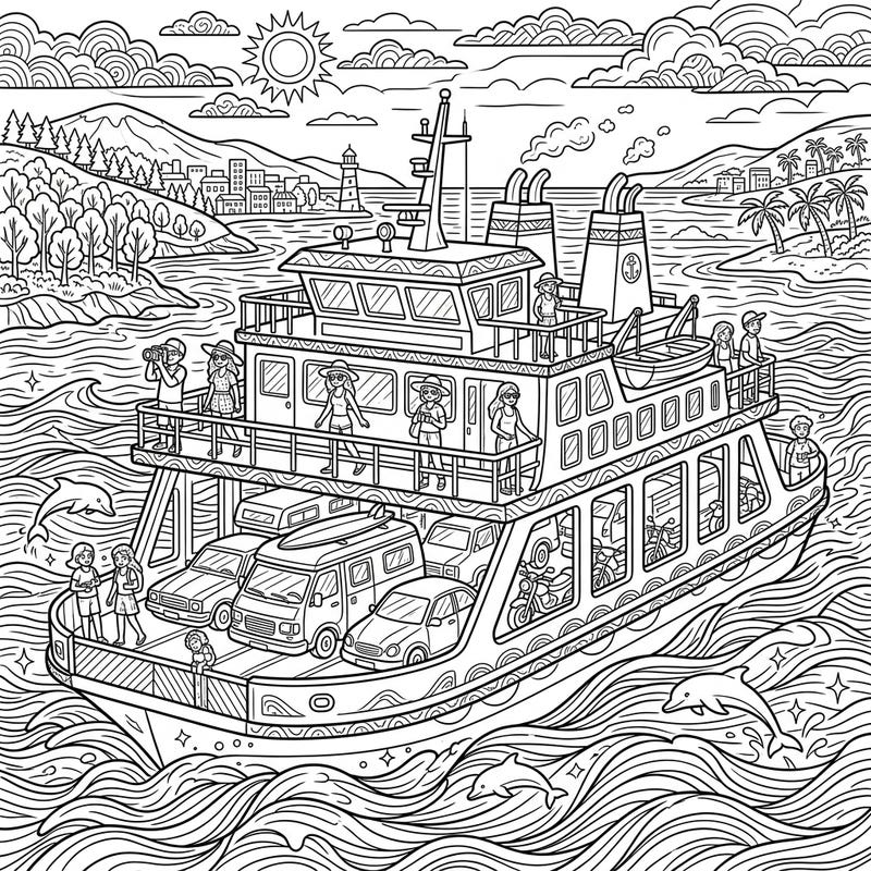 Get ready for a vibrant summer adventure with this intricate ferry coloring page, perfectly designed for teens. Featuring a bustling boat, passengers, and playful dolphins, it's an ideal way to celebrate the sunny season.
