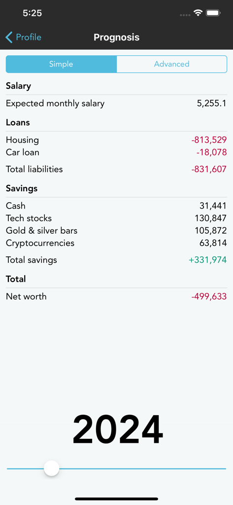 A financial prognosis screen from the Wealth Forecast app displaying a breakdown of monthly salary loans savings and total net worth for the year 2024