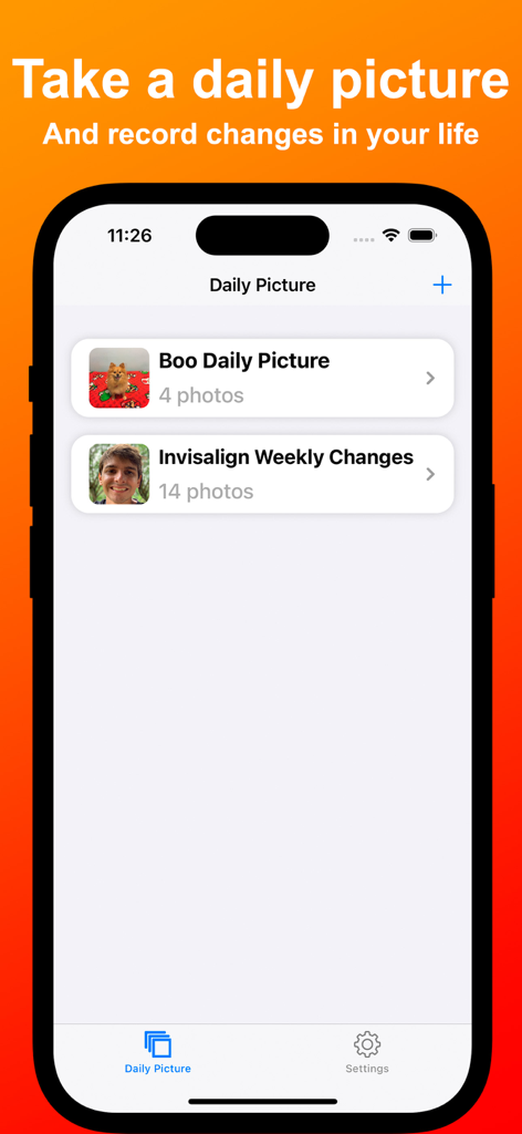 Daily Picture - Selfie a day - Screenshot of the Daily Picture app showing a list of photo journals for a dog and dental progress tracking