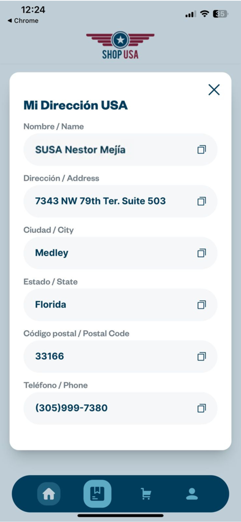 Shop USA - Mobile app screen showing a personal US shipping address in Medley Florida for package forwarding and tracking