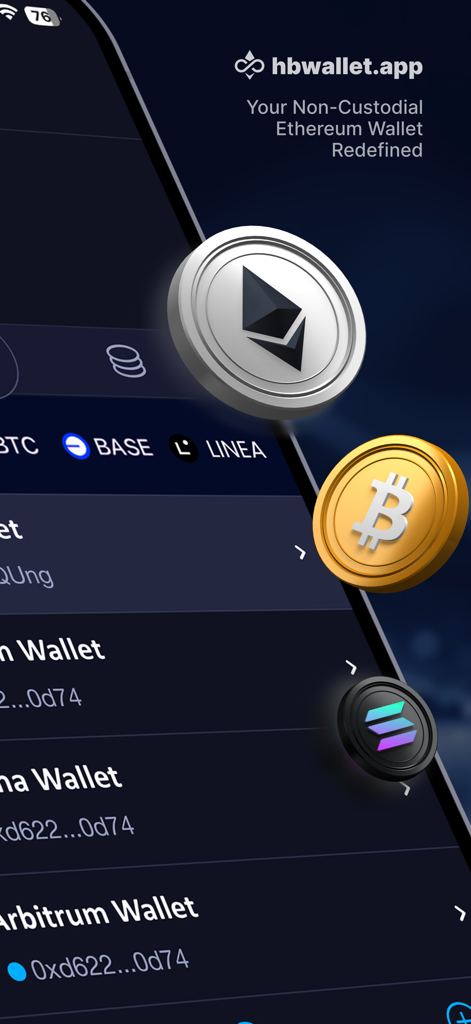 Ethereum Wallet - HB Wallet - HB Wallet mobile interface showcasing support for multiple cryptocurrencies including Ethereum Bitcoin and Solana