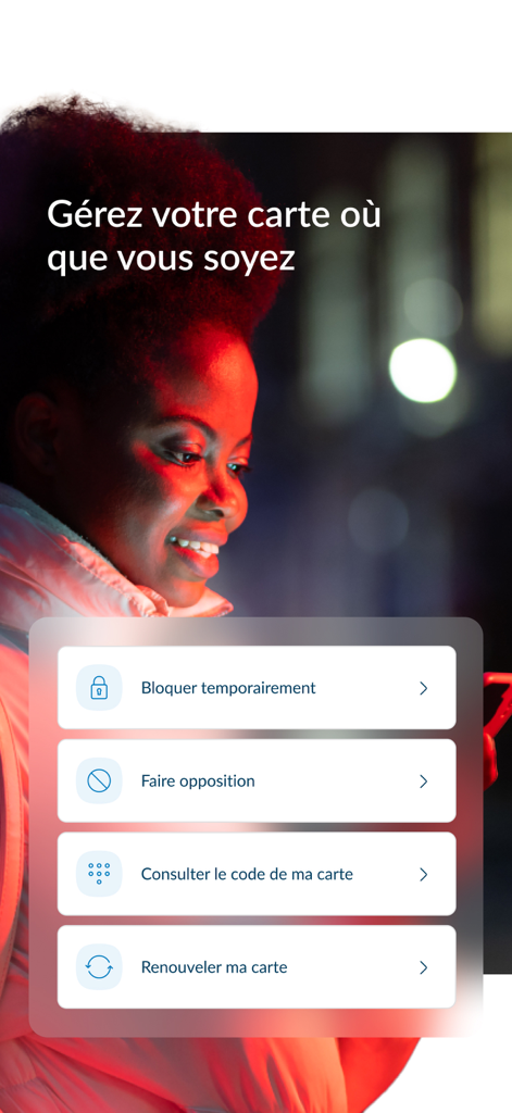 Interface of the La Banque Postale app displaying bank card management options like blocking or renewing a card