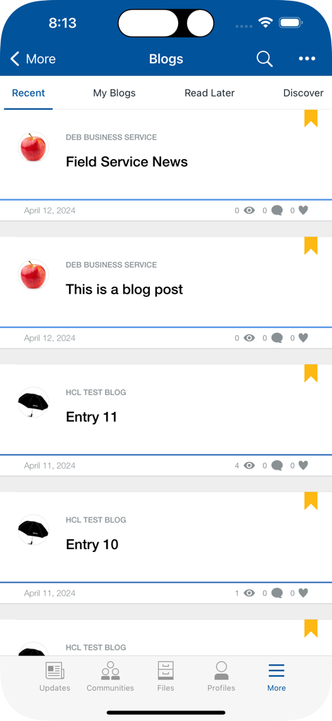 HCL Connections - The blog posts feed in the HCL Connections enterprise social software app showing a list of recent updates.