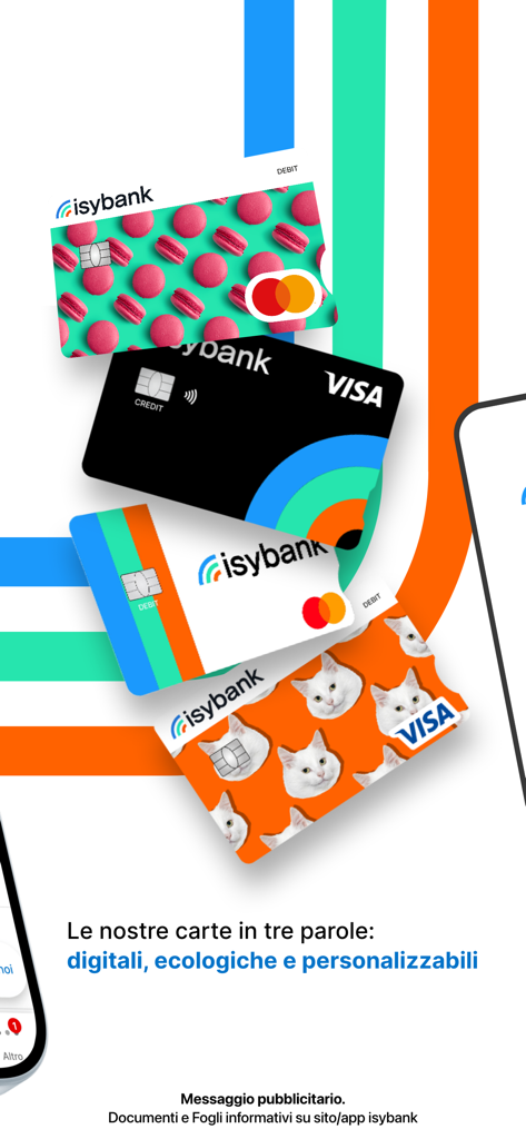 A collection of colorful and customizable digital and eco-friendly bank cards from isybank.