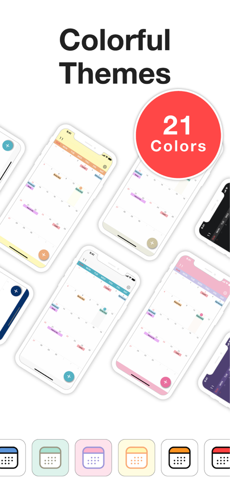 Una muestra de múltiples temas de calendario coloridos y estéticos e iconos de aplicación para el planificador My Calendar