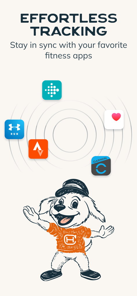 Challenge Hound - Challenge Hound mascot with icons for syncing fitness apps like Garmin Fitbit and Apple Health