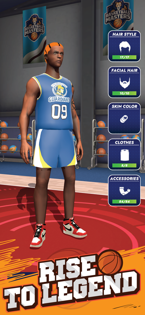 Basketball Master: Dunk Hero - Character customization screen in Basketball Master Dunk Hero showing options for hairstyle facial hair and clothes