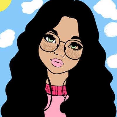 girl with long hair and freckles and glasses realistic