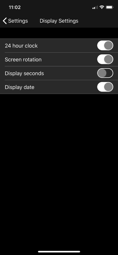 Standby Clock - on Lock Screen - Display settings screen of the Standby Clock app featuring toggle options for 24 hour clock screen rotation and showing seconds or date.