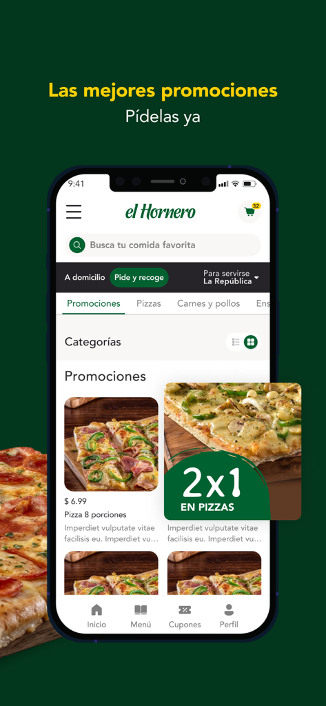 El Hornero Ecuador - El Hornero Ecuador mobile app promotions screen featuring a two for one pizza deal