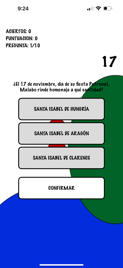 Guinealogia - Una pregunta de trivia en la aplicación Guinealogia sobre el santo patrón de Malabo en español con tres opciones de respuesta múltiple.