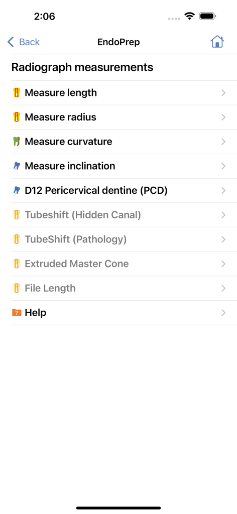 EndoPrep - EndoPrep app screen showing a list of radiograph measurement tools like length radius and curvature
