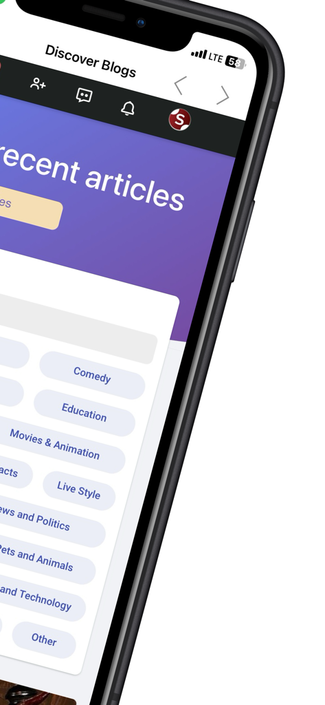 Sara App Discover Blogs screen displaying recent articles and various topic categories