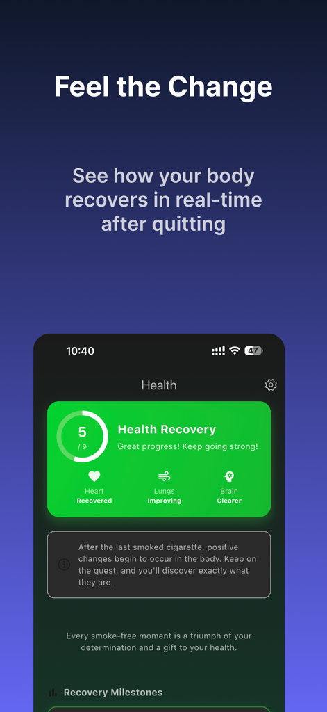 Mobile app interface showing health recovery milestones for heart lungs and brain after quitting smoking
